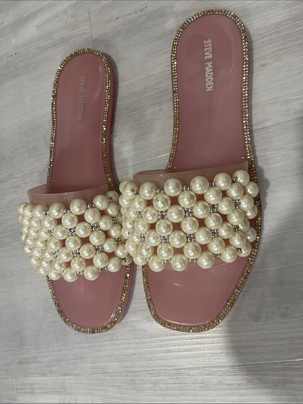 Steve Madden Pink Sole uPearl-Embellished Slide Sandals with Gold Trim